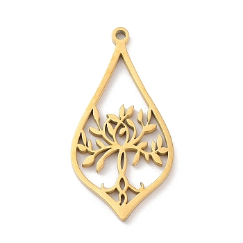 304 Stainless Steel Pendants, Laser Cut, Golden, Leaf with Tree Charm, 31.5x16x1mm, Hole: 1.5mm