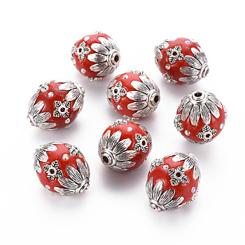 Handmade Indonesia Beads, with Alloy Findings, Round, Antique Silver, FireBrick, 18x21mm, Hole: 2mm