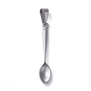 304 Stainless Steel Pendants, Spoon Shape, Stainless Steel Color, 34x6.5x2mm, Hole: 8x3mm