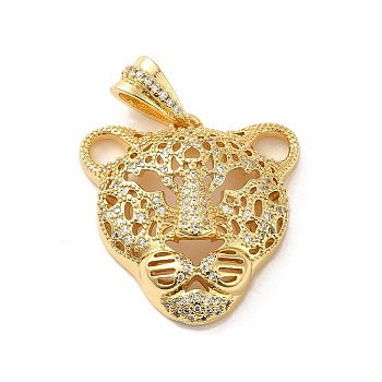 Rack Plating Brass Micro Pave Clear Cubic Zirconia Pendants, Long-Lasting Plated, Cadmium Free & Lead Free, Leopard, Real 18K Gold Plated, 28x27x8mm, Hole: 7x3.5mm