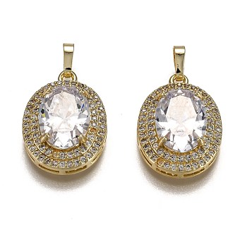 Golden Plated Brass Micro Pave Clear Cubic Zirconia Pendants, with Glass, with Snap on Bails, Long-Lasting Plated, Oval, Clear, 22.5x16x7mm, Hole: 3x5mm