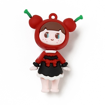 PVC Plastic Pendants, Girl with Cherry, Red, 65x48x25mm, Hole: 3mm