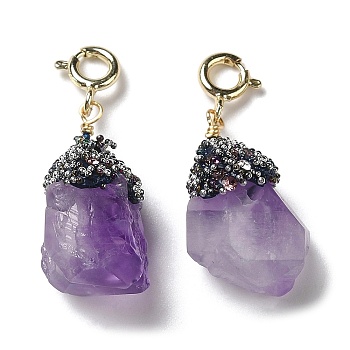 Natural Amethyst Pendant Decorations, with Rhinestone and Rack Plating Brass Spring Ring Clasps, Nuggets, 27~36mm