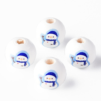 Painted Natural Wood Round Beads, Christmas Style, Snowman, Blue, 16x15mm, Hole: 4mm