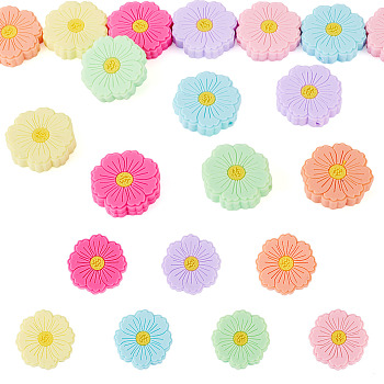 14Pcs 7 Colors Flower Food Grade Eco-Friendly Silicone Focal Beads, Mixed Color, 30~31x29~31x7~8mm, Hole: 2mm