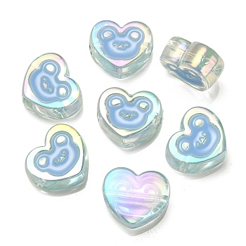 UV Plating Rainbow Iridescent Acrylic Enamel Beads, Heart with Bear Pattern, Light Sky Blue, 17.5x20x9mm, Hole: 3.5mm