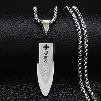 304 Stainless Steel Pendant Necklaces, Bullet with Word Jesus, Stainless Steel Color, 23.50 inch(59.7cm)