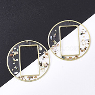 Epoxy Resin Pendants, with Shell and Brass Findings, Flat Round with Rectangle, Golden, 40x1.5mm, Hole: 1.2mm(RESI-S365-44)