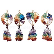 1 Sets Natural & Synthetic Gemstone Chip Big Pendants, with Copper Wire Wrapped and Coconut Brown Braided Nylon Thread, Mixed Dyed and Undyed, Flat Round & Heart with Tree, Golden, 110mm, 4pcs/set(FIND-SZ0005-94)