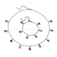 Twelve Months Birthstone Alloy Glass Rhinestone Charms Jewelry Sets, 304 Stainless Steel Bracelets & Necklaces, Stainless Steel Color, Bracelets: 6-1/4 inch(16cm); Necklaces: 16 inch(40.5cm)(SJEW-FS00001)