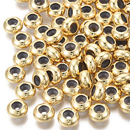 Brass Beads, with Rubber Inside, Slider Beads, Stopper Beads, Nickel Free, Rondelle, Real 18K Gold Plated, 8x4mm, Hole: 4mm, Rubber Hole: 1.8mm(X-KK-T063-005B-NF)