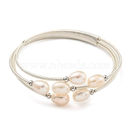 Three-Loops Brass & Natural Freshwater Pearl Beaded Wrap Bracelets for Women, PeachPuff, Inner Diameter: 2 inch(5.2cm)(BJEW-F470-04S-01)