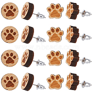 6 Pairs 2 Style Paw Print Wood Stud Earrings with Steel Iron Pins, Coconut Brown, 10~12x11~12mm, 3 Pairs/style(EJEW-SC0001-46)