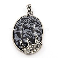 Fashionable Retro Antique Silver Necklace Findings Alloy Gemstone Oval Pendants, with Rhinestones, Snowflake Obsidian, 51x33x11mm, Hole: 5mm(X-G-M033-01AS)