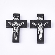 Printed Wooden Pendants, Crucifix Cross, For Easter, Dyed, Black, 32.5~33.5x21~22x4.5mm, Hole: 2mm(WOOD-S050-35A-02)