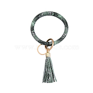 Snakeskin Pattern PU Imitaition Leather Bangle Keychains, Wristlet Keychain with Tassel & Alloy Ring, Dark Sea Green, 200x100mm(KEYC-PW0009-08M)
