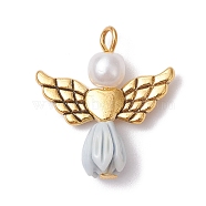 Resin Imitation Pearl Pendants, Rose Angel Charms with Antique Golden Plated Alloy Heart Wings, Gainsboro, 23.5~24x22x6.5mm, Hole: 1.8~2.2mm(PALLOY-JF02565-02)