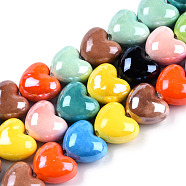 Handmade Porcelain Bead Strands, Bright Glazed Porcelain, Heart, Mixed Color, 14x16x10mm, Hole: 2mm, about 23pcs/strand, 11.81 inch(30cm)(PORC-N007-26)