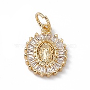 Rack Plating Brass Micro Pave Cubic Zirconia Pendants, Cadmium Free & Lead Free, Long-Lasting Plated, with Jump Ring, Oval with Religion Virgin Mary Charm, Real 18K Gold Plated, 17x12x2.5mm, Hole: 2.5mm(KK-G451-12G)