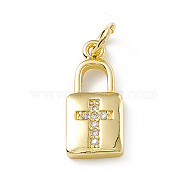 Brass Micro Pave Cubic Zirconia Pendants, with Jump Ring, Lock with Religion Cross Charm, Real 18K Gold Plated, 16.5x7x2mm, Hole: 3mm(ZIRC-F132-45G)