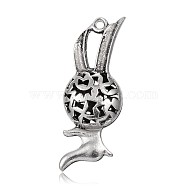 Hollow Rabbit Tibetan Style Alloy Pendants, Bunny Charms, Antique Silver, 43x16x8mm, Hole: 2mm(PALLOY-J589-12AS)