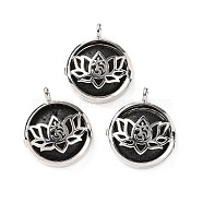 Natural Lava Rock Locket Pendants, Flat Round Charms, with Platinum Plated Brass Lotus Findings, 31.5x27x9mm, Hole: 4.6mm(G-G982-01P-10)