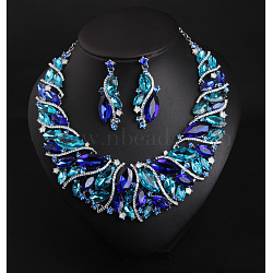 Alloy Rhinestone Pendant Necklaces & Teardrop Stud Dangle Earring Sets for Women, Indicolite, 450mm(WG99E9F-03)