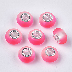 Resin European Beads, Large Hole Beads, with Silver Color Plated Brass Cores, Rubberized Style, Rondelle, Deep Pink, 14x8mm, Hole: 5mm(X-RPDL-S013-10G)