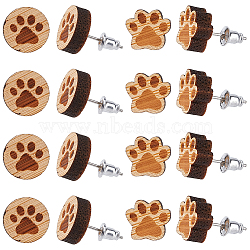 6 Pairs 2 Style Paw Print Wood Stud Earrings with Steel Iron Pins, Coconut Brown, 10~12x11~12mm, 3 Pairs/style(EJEW-SC0001-46)