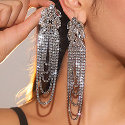 Exaggerated Leaf Tassel Brass Stud Earrings, with Rhinestone, Platinum(OH2518)