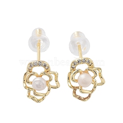 Natural Pearl Flower Stud Earrings, Brass Micro Pave Cubic Zirconia Earrings with 925 Sterling Silver Pins, Real 14K Gold Plated, 10x8.5mm(EJEW-P256-94G)