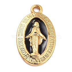 Golden Alloy Enamel Pendants, Long-Lasting Plated, Our Lady of the Miraculous Medal, Oval, Black, 21x12x1.5mm, Hole: 1.7mm(KK-P197-16C)