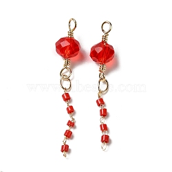 Glass Pendants, with Real 18K Gold Plated Brass Loop, Faceted Round Charm, Red, 32x6mm, Hole: 1.2mm(KK-P242-05G)