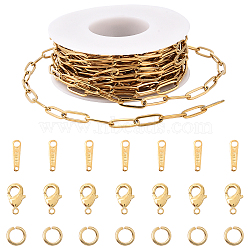 DIY Chain Necklaces/Bracelet Kits, incluing 304 Stainless Steel Paperclip Chains & Chain Tabs & Open Jump Rings, Brass Lobster Claw Clasps, Golden, Link: 11~12x4x0.5~0.87mm, about 16.4 Feet(5m)/roll, 1 roll(DIY-YW0017-22)