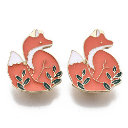 Alloy Brooches, Enamel Pin, with Brass Butterfly Clutches, Fox, Light Gold, Salmon, 33x27x2mm, Pin: 1mm(JEWB-S011-056)