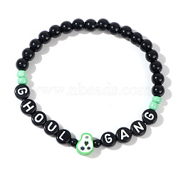 Halloween Acrylic Beads Stretch Bracelets for Women Men, Skull with Word Ghoul Gnag, Black, Inner Diameter: 6-7/8 inch(17.5cm)(QV8903-4)