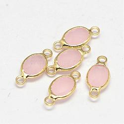 Oval Faceted Golden Brass Glass Links connectors, Pink, 15x7x3.2mm, Hole: 1mm(GLAA-O014-25G)