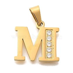 Ion Plating(IP) 304 Stainless Steel Rhinestone Pendants, Letter M, 17~19x10.5~18x2mm, Hole: 6.5x3.5mm(STAS-U035-01G-M)