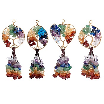 1 Sets Natural & Synthetic Gemstone Chip Big Pendants, with Copper Wire Wrapped and Coconut Brown Braided Nylon Thread, Mixed Dyed and Undyed, Flat Round & Heart with Tree, Golden, 110mm, 4pcs/set