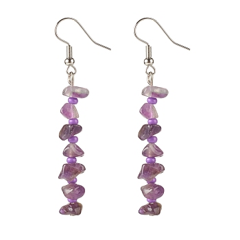 Natural Amethyst Chips Dangle Earrings with Glass, Gemstone Beaded Brass Earrings for Women, Platinum, 60~62x19mm, Pin: 0.6mm