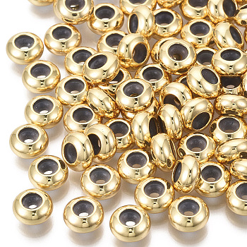 Brass Beads, with Rubber Inside, Slider Beads, Stopper Beads, Nickel Free, Rondelle, Real 18K Gold Plated, 8x4mm, Hole: 4mm, Rubber Hole: 1.8mm