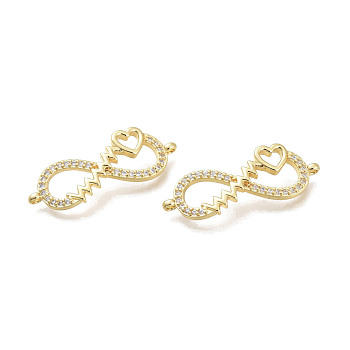Brass Micro Pave Clear Cubic Zirconia Links, Infinite with Sawtooth and Heart, Real 18K Gold Plated, 31x11.5x5mm, Hole: 1.5mm