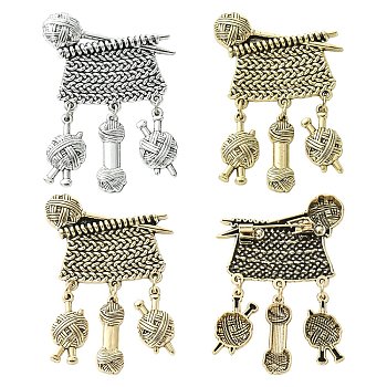 3Pcs 3 Colors Knitting Zinc Alloy Lapel Pins for Backpack Clothes, Antique Silver & Antique Golden, 60~61x38~40mm