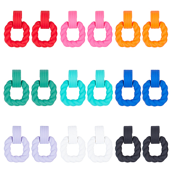 9 Pairs 9 Colors Acrylic Twist Rectangle Dangle Stud Earrings with Sterling Silver Pins for Women, Mixed Color, 42x29mm, 1 pair/color