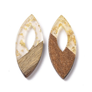 Transparent Resin & Walnut Wood Pendants, with Gold Foil, Horse Eye Charms, Clear, 38x15.5x3.5mm, Hole: 2mm