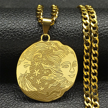 304 Stainless Steel Pendant Necklaces, Flat Round with Human Pattern, Golden, 23.46 inch(59.6cm)