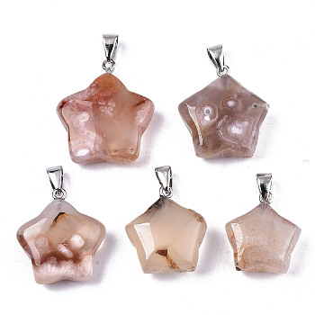 Natural Cherry Blossom Agate Pendants, with Platinum Iron Pinch Bail, Star, 27x24.5x10mm, Hole: 5x6.5mm(1/4x1/4 inch)