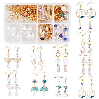 DIY Dangle Earring Making Kits, Including Fan & Moon & Cloud & Ring Alloy Enamel Links & Pendants, Imitation Jade & Pearl Glass Beads & Charms, Brass Earring Hooks, Golden