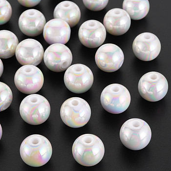 Opaque Acrylic Beads, AB Color Plated, Round, White, 14mm, Hole: 2.5mm about 356pcs/500g