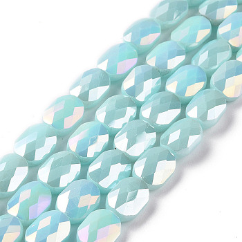 Faceted Electroplated Glass Beads Strands, AB Color Plated, Opaque Solid Color, Oval, Pale Turquoise, 10.5x8x5mm, Hole: 1.5mm, about 58~60pcs/strand, 25.59 inch(65cm)